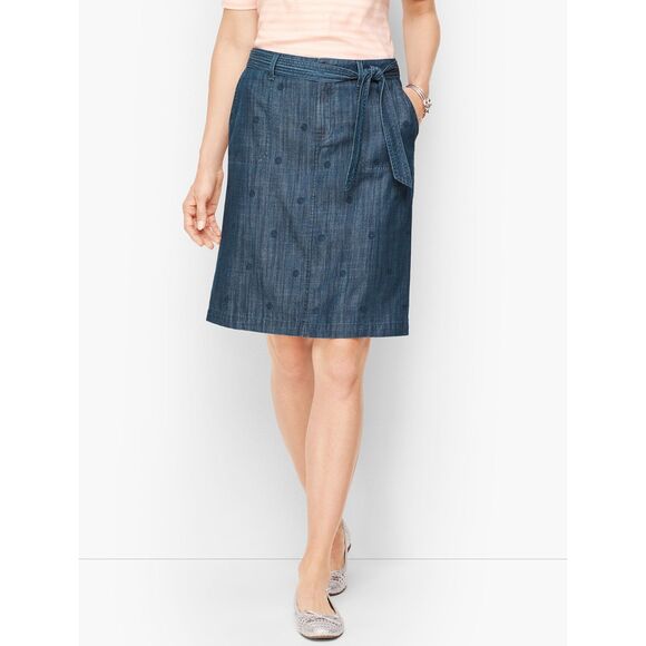 Talbots Embroidered Daisy A-Line Skirt Denim Tie Belt Chambray Blue Size 12 C133 - Picture 2 of 9